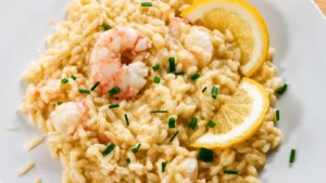 gros plan sur le risotto crémeux aux crevettes et citron, prêt à être dégusté